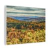 Canvas art of a lush autumn landscape with vibrant trees, rolling hills, and cloudy sky.