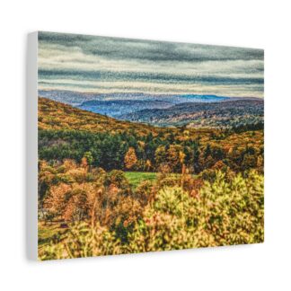 Canvas art of a lush autumn landscape with vibrant trees, rolling hills, and cloudy sky.