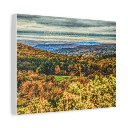 Canvas art of a lush autumn landscape with vibrant trees, rolling hills, and cloudy sky.