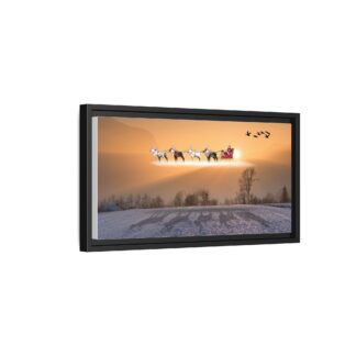 Framed canvas artwork of Santa in a red sleigh pulled by reindeer, flying at sunset over a snow-covered field. Birds soar nearby; a cozy, festive scene.