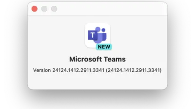 Screenshot of a tiny modal “about” window on MacOS, with the Microsoft Teams app icon with the badge NEW on a corner, then the bold text “Microsoft Teams” then a line of small text reading:

Version 24124.1412.2911.3341 (24124.1412.2911.3341)