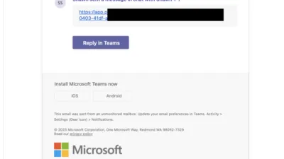 Screenshot of a notification email from Microsoft Teams. The relative sizes of text and images make no sense. The Microsoft logo is present twice. The layout is messed up. Etc.