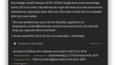 A screenshot of a Safari window showing claude.ai. A question that I asked is at the top of the page, and it’s followed by a <thinking> block in which Claude appears to be “figuring out” how to answer my question.