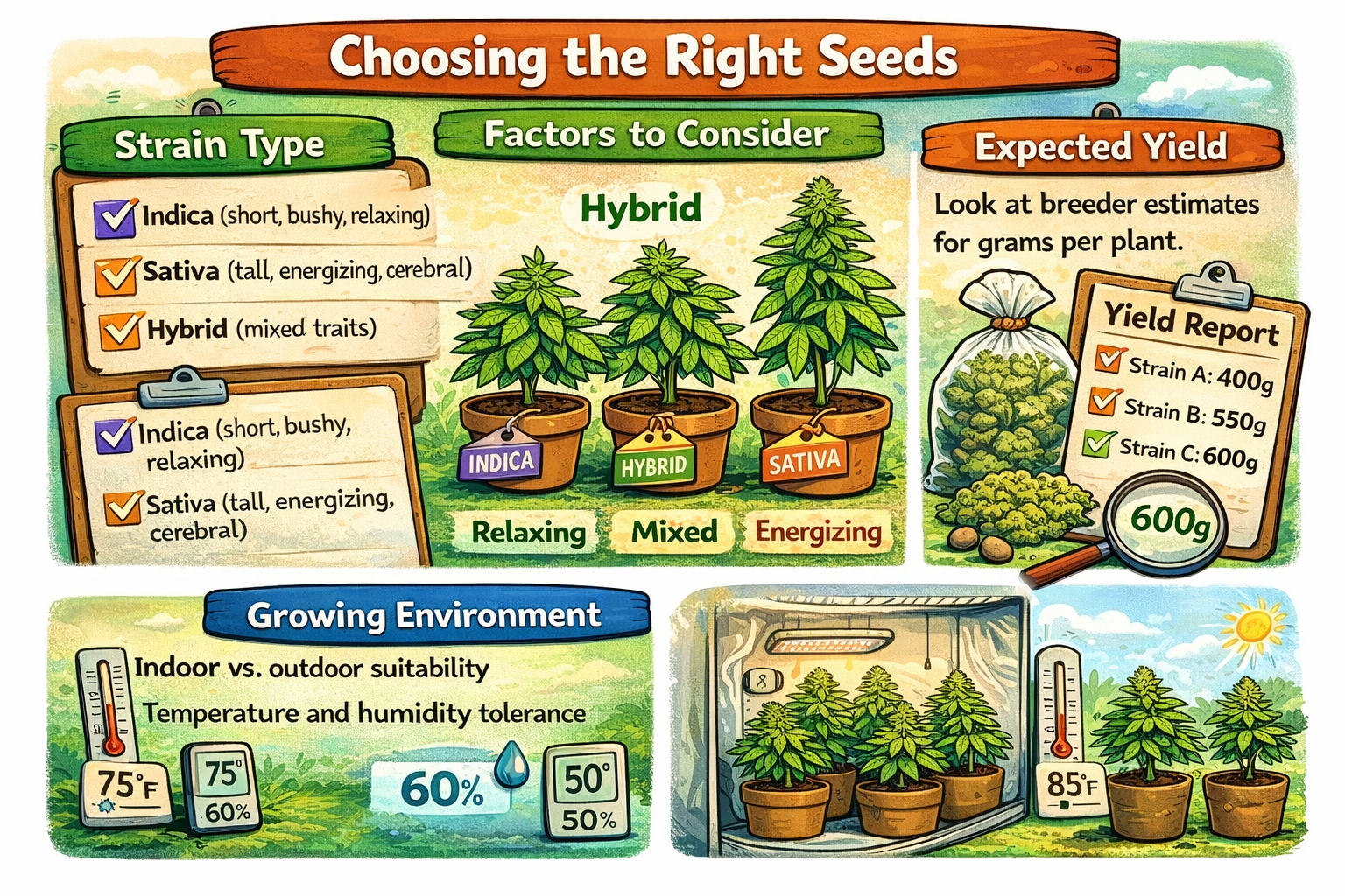 Choosing the right cannabis seeds based on strain type, potency, environment, and grower experience