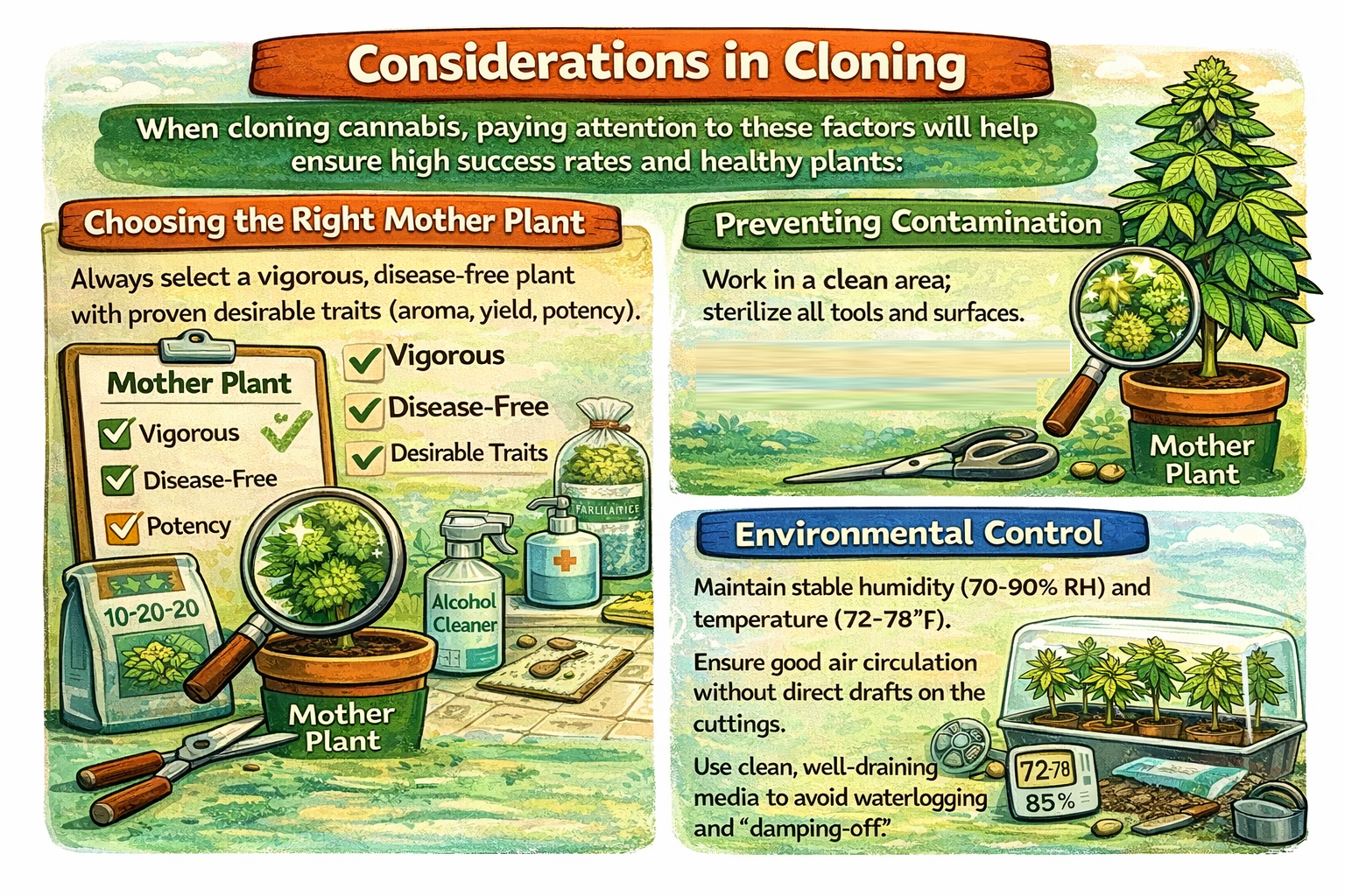 Key considerations when cloning cannabis including mother plant selection, sterility, and environmental control