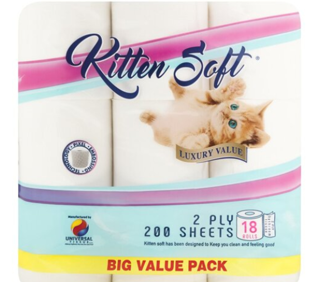 Kitten Soft 2-Ply Toilet Paper – 200 Sheets, 18 Pack