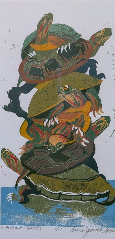 Susan Jaworski Stranc; Stackable Turtles; Reductive Linoleum; Winner of the Jon. E. Erickson Memorial Award for Excellence in Graphics
