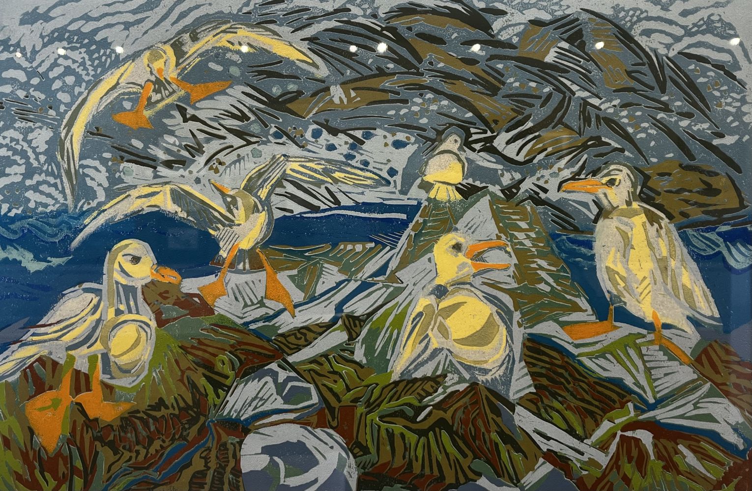 Susan Jaworski Stranc | On The Rocks | Linocut Reducton Print | Winner of the Cape Ann Savings Bank Award for Excellence in Any Medium