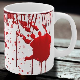 White mug featuring a bold red blood-splatter design, including a bloody handprint and drips, evoking a dramatic horror and edgy tone.