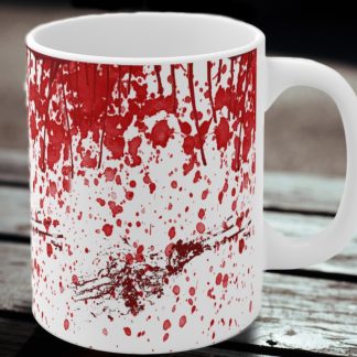 White coffee mug with red blood splattered and dripping all over it A horror design. The pattern creates an intense, bold visual impact.