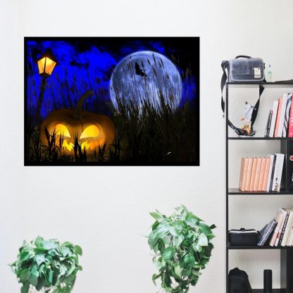 Jack O Lantern Pumpkin Poster, Moon Halloween Wall Art, Gothic Decor, Creepy Art Print, Dark Landscape On Farm - Image 4