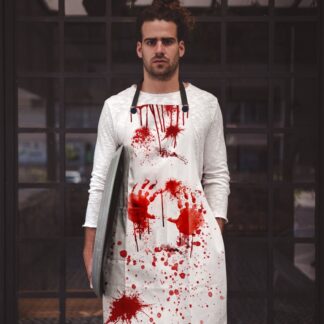 A man with a serious expression stands in front of a window grid, wearing a white apron splattered with red dripping blood, bloody handprints and holding a metal tray. The scene conveys an unsettling, artistic horror tone.