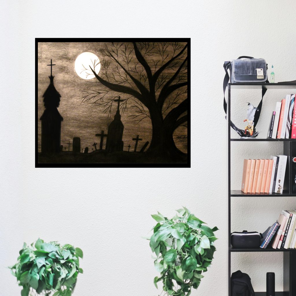 Cemetery Print Wall Art, Gothic Moonlit Halloween Poster, Spooky Landscape, Horror Drawing, Graveyard Art Print, Horror Gift - Image 3