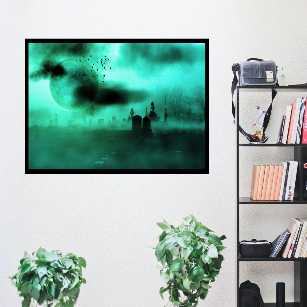 Creepy Moonlit Cemetery Print, Graveyard Wall Art, Halloween Poster, Dark And Moody Gothic Bats, Cemetary Photo - Image 4