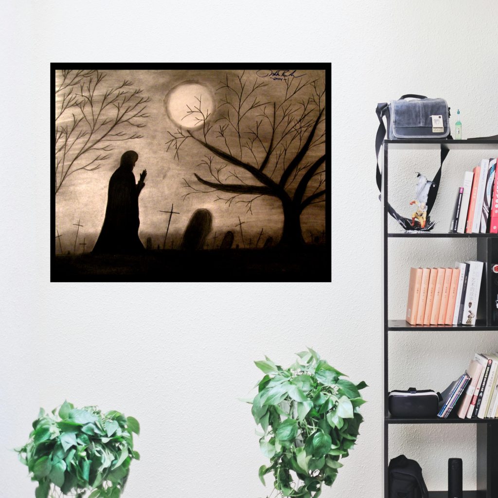 Cemetery Print, Cloaked Figure Black And White Horror Drawing, Horror Wall Art, Dark Landscape, Macabre Art, Graveyard Poster Print - Image 4