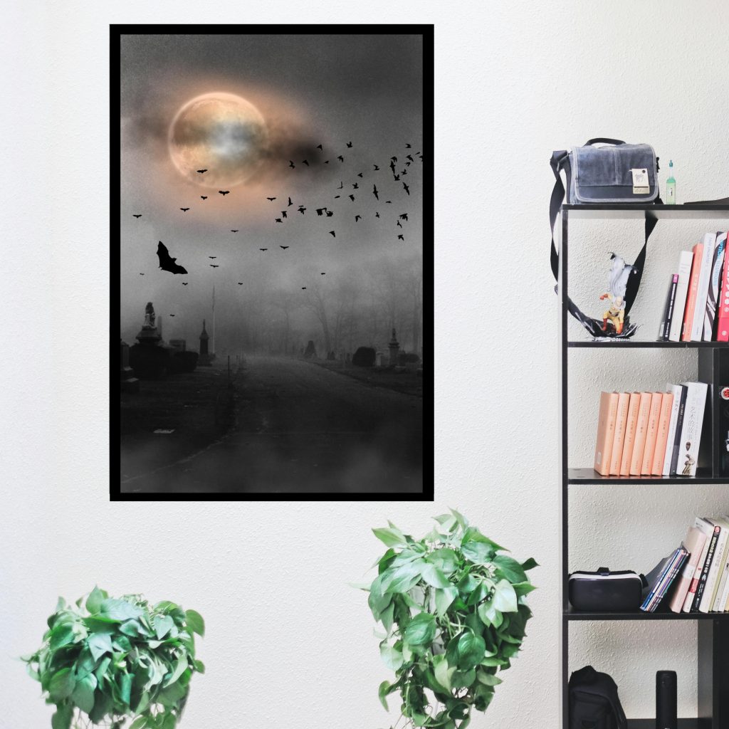 Halloween Art Print, Cemetary Wall Art, Spooky Landscape, Gothic Bats, Moonlit Cemetery Photo, Dark And Moody Poster - Image 4