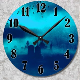 A clock face overlays a misty graveyard at night. Black numbers and hands show 10:10. Silhouettes of bats and tombstones create an eerie feel.