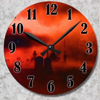 A round clock with a red sky and city skyline design. Black numbers and hands on a textured wall, creating a dramatic atmosphere.