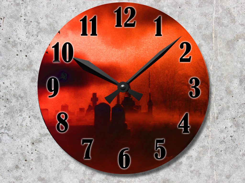A round clock with a red sky and city skyline design. Black numbers and hands on a textured wall, creating a dramatic atmosphere.