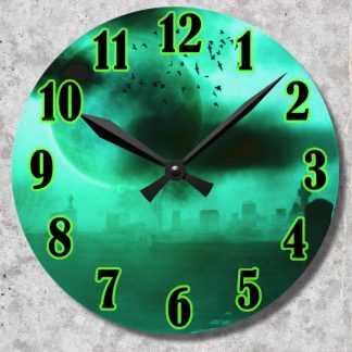 A round clock with black hands over a green, eerie cemetery scene. Bright green numbers and a moon with flying bats create a spooky atmosphere.