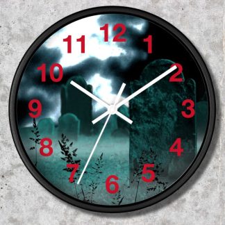Clock with a cemetery design. Red numbers and white hands overlay a spooky graveyard under a cloudy night sky, creating an eerie atmosphere.