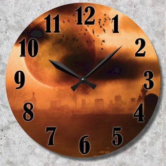 Round clock face with black numerals and hands. Background depicts an orange, eerie graveyard with a large moon, dark clouds, and flying bats.