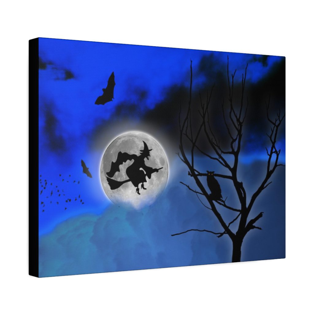 A spooky canvas wall artwork features a witch on a broomstick silhouetted against a full moon and dark clouds. Bats and an owl perched on a leafless tree add to the eerie atmosphere. Halloween-themed ambiance.