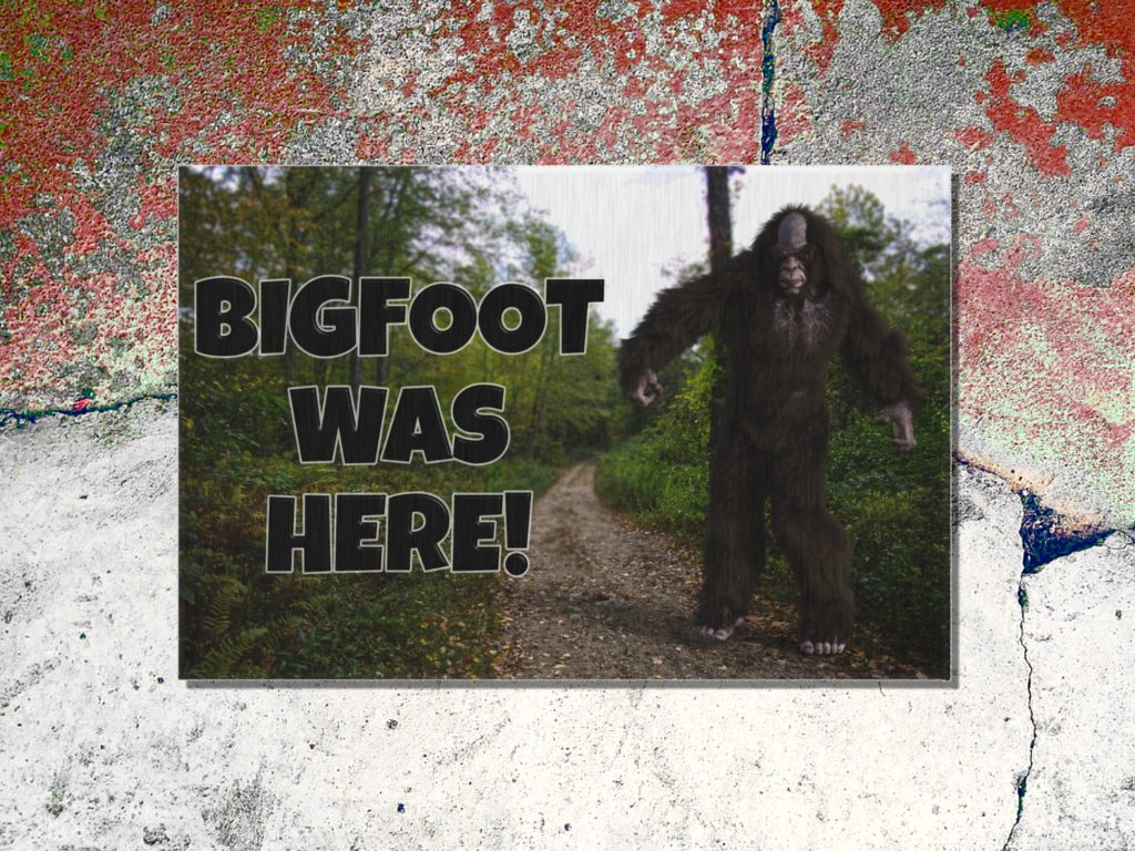 Outdoor welcome mat on a cracked cement floor shows Bigfoot character on a forest path. Bold text reads "BIGFOOT WAS HERE!" conveying a mysterious and playful tone.