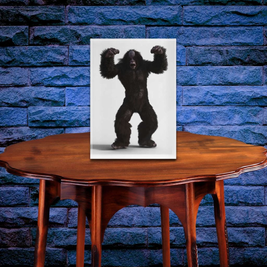 A acrylic block featuring an image of Bigfoot standing with arms raised, displayed on a wooden table. Brick wall background, creating a dramatic, playful tone.