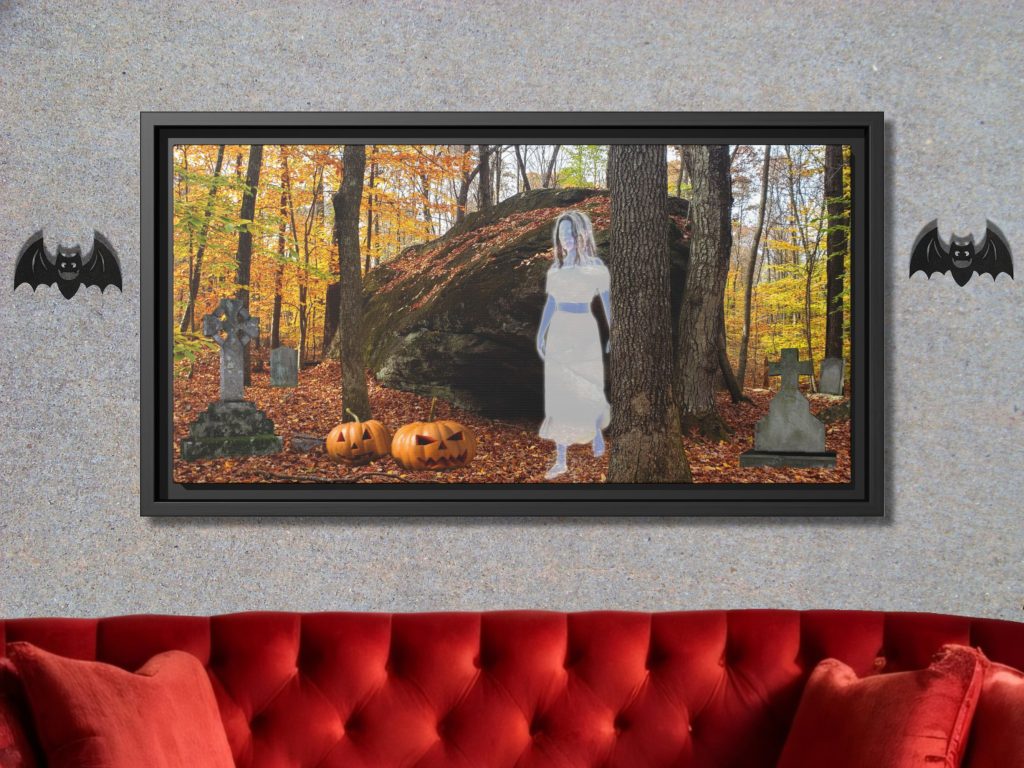 Ghost Girl Graveyard Halloween Wall Print, Paranormal Horror Framed Canvas Art, Horror Gift, Goth Decor, New England Fall Landscape - Image 2