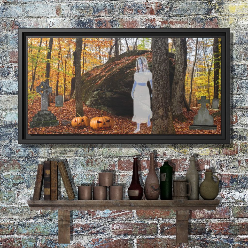 Ghost Girl Graveyard Halloween Wall Print, Paranormal Horror Framed Canvas Art, Horror Gift, Goth Decor, New England Fall Landscape - Image 3