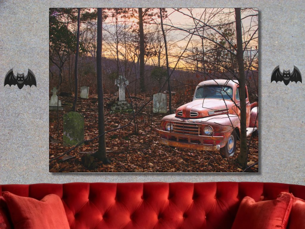 Rusty Antique Truck Cemetery Canvas Wall Art, Gothic Horror Decor, Haunted Forest, Dark Gloomy Landscape Canvas Print - Image 2