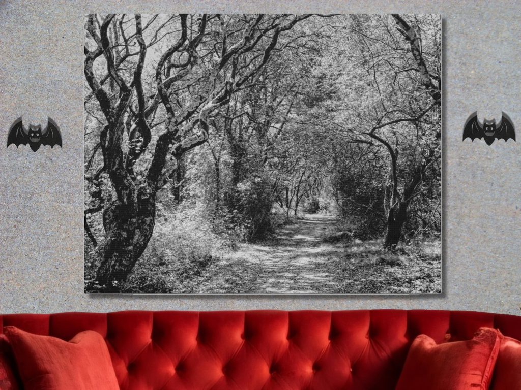 Black And White Dark Landscape Canvas Wall Art, Horror Gift, Creepy Haunted Forest Canvas Wall Print, Goth Decor - Image 2