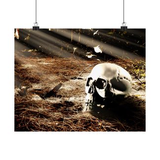 A skull lies on the forest floor lit by sun rays through trees, poster art surrounded on a rustic brick wall with two lit lanterns, creating an eerie atmosphere.