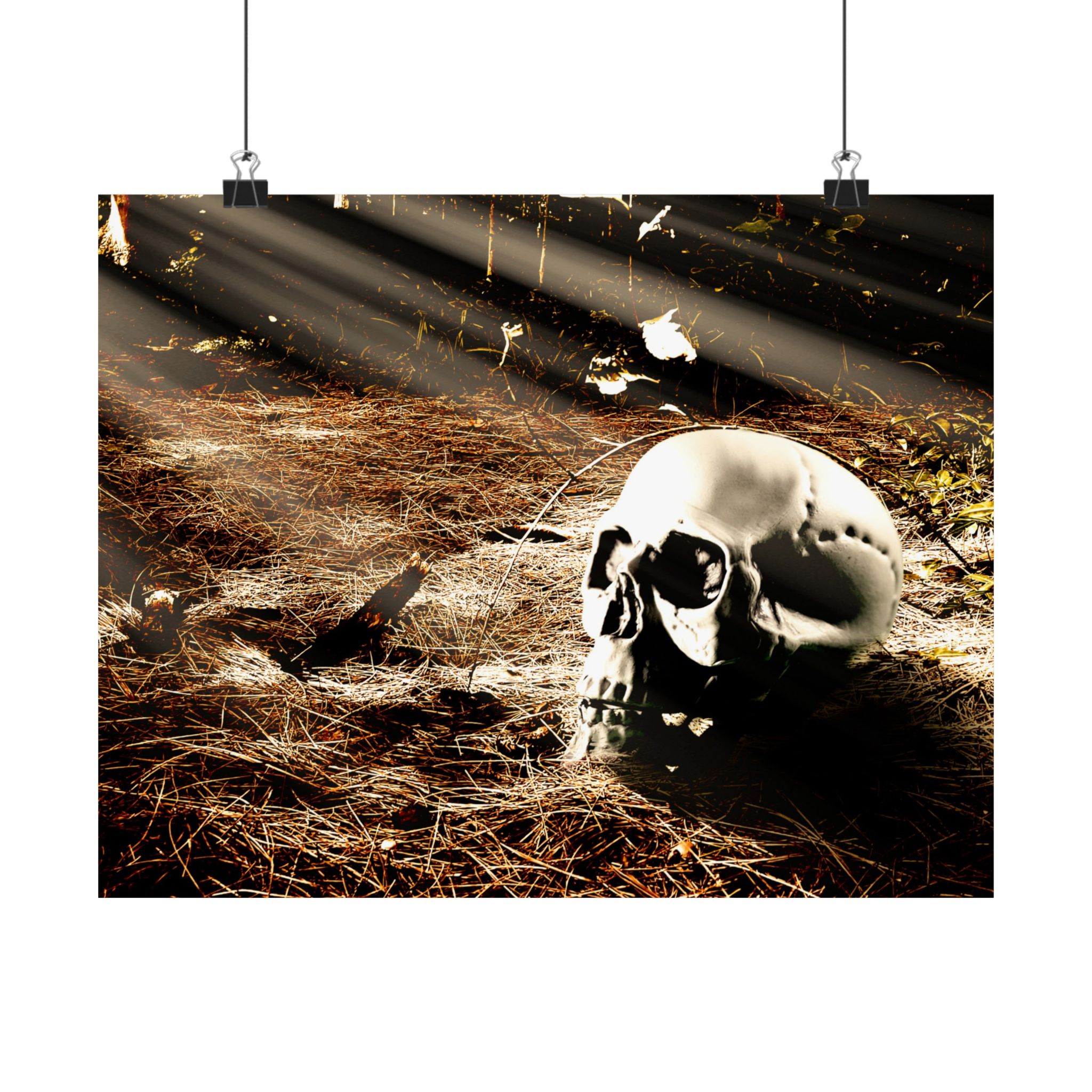 A skull lies on the forest floor lit by sun rays through trees, poster art surrounded on a rustic brick wall with two lit lanterns, creating an eerie atmosphere.