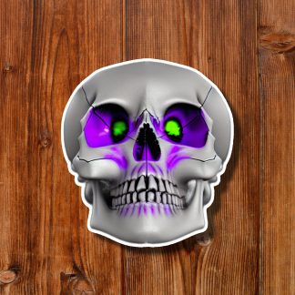 Stylized cracked skull with glowing purple eye sockets and neon green pupils, centered on a warm wooden plank background; eerie Halloween tone.