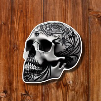 Black-and-white skull artwork with intricate rose and floral tattoos rests on a warm wooden plank background, creating a dark, edgy mood.
