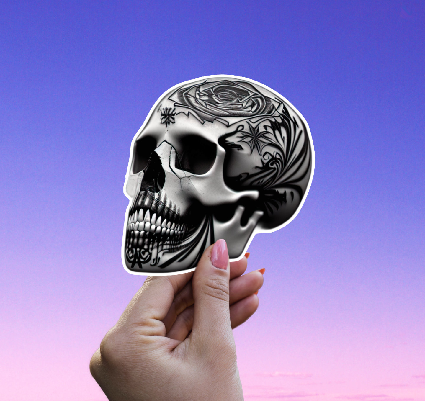 Metal Skull Sticker | Horror Vinyl Sticker | Floral Skull Art Laptop Decal | Gothic Halloween Gift - Image 2