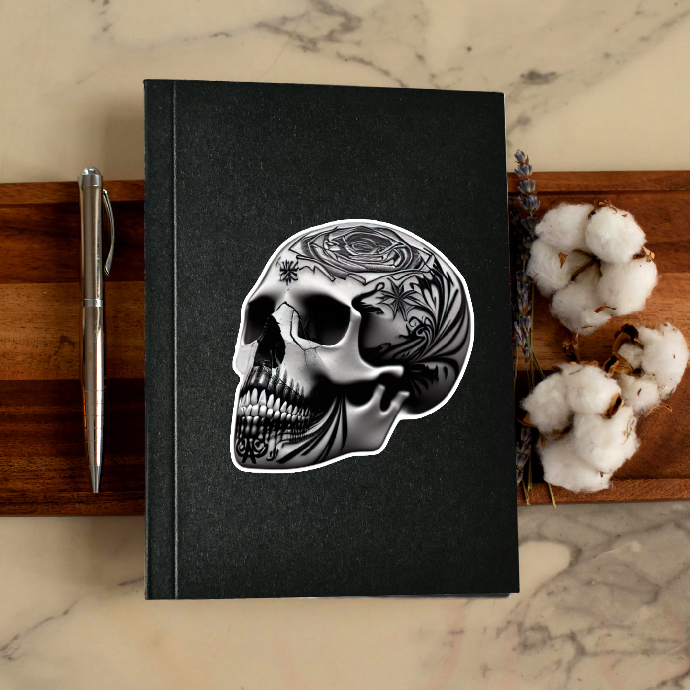 Metal Skull Sticker | Horror Vinyl Sticker | Floral Skull Art Laptop Decal | Gothic Halloween Gift - Image 3