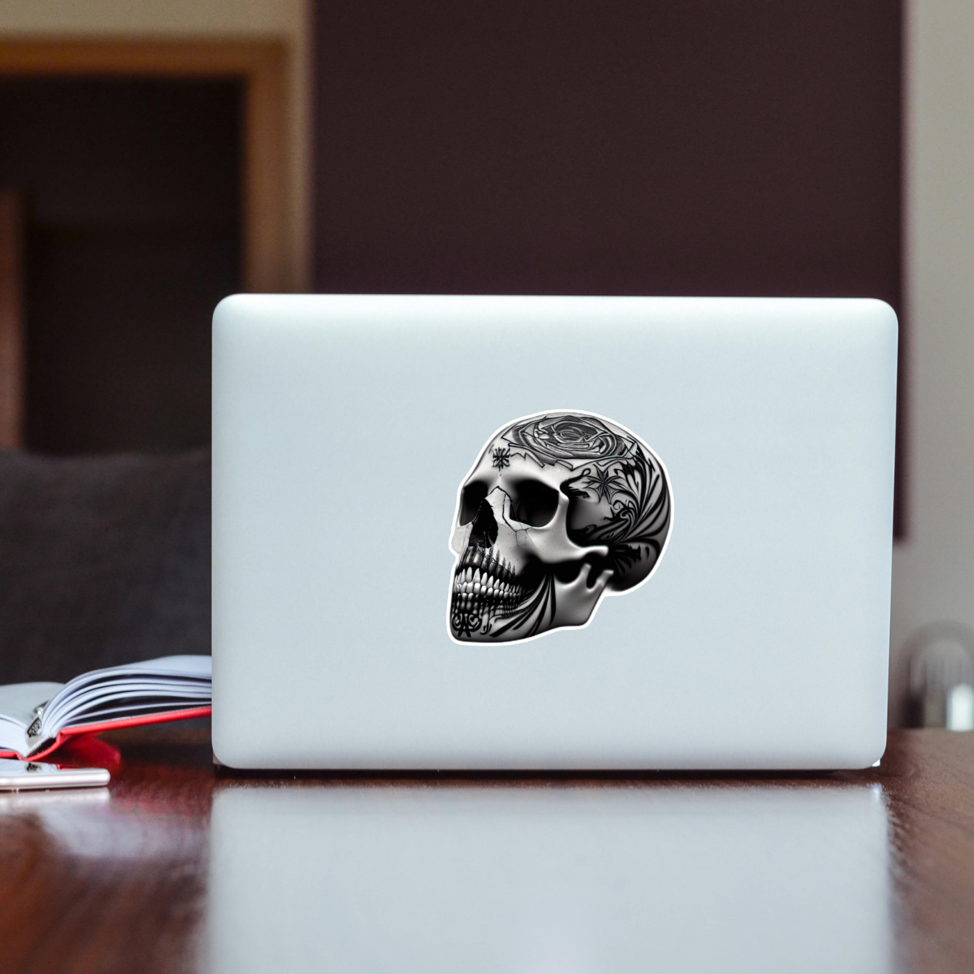 Metal Skull Sticker | Horror Vinyl Sticker | Floral Skull Art Laptop Decal | Gothic Halloween Gift - Image 4