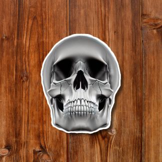 Front-facing white human skull illustration centered on a warm wooden plank background, creating a stark, eerie, macabre contrast.