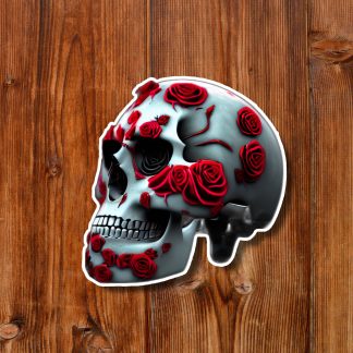 A stylized gray skull adorned with vivid red roses, centered on rustic wooden planks, creating a macabre yet romantic mood.