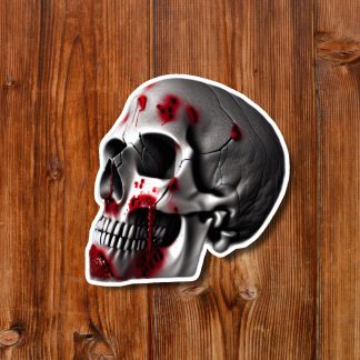 A grim, blood-splattered side-profile skull illustration rests on a warm wooden plank background, creating a dark, macabre mood.