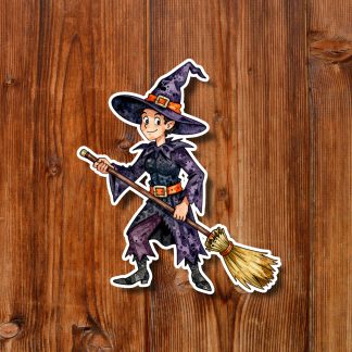 Cartoon witch in a purple pointed hat and ragged robe rides a broom, smiling mischievously against a light blue background; playful Halloween tone.