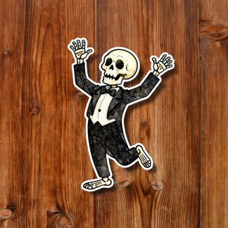 Cartoon skeleton in a black tuxedo poses joyfully with arms raised and one leg lifted against a light blue background, playful spooky mood.