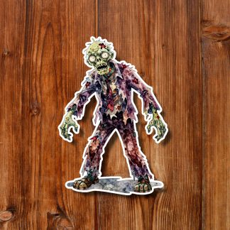 Cartoon zombie with bulging eyes, exposed teeth, and outstretched claws, wearing tattered clothes against a light blue background; eerie tone.