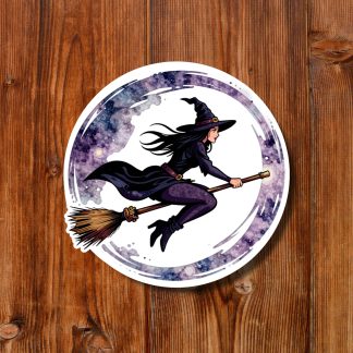 Illustration of a witch in a pointed hat flying on a broom inside a purple, starry moon circle, creating a playful, magical mood.