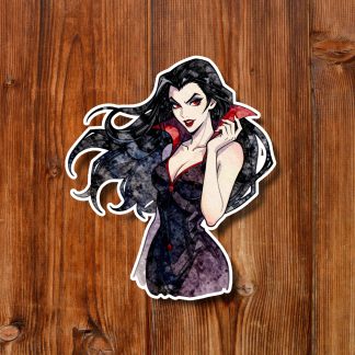 Stylized vampire woman with long black hair and red eyes, wearing a dark gothic dress and holding a red rose against a light blue background.