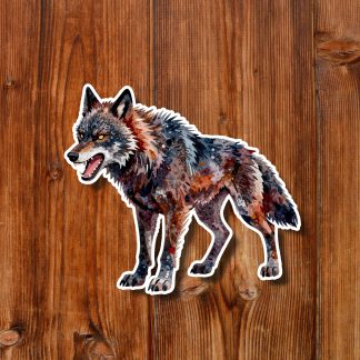 Stylized, fierce gray-and-rust wolf standing alert with bared teeth on a light blue background, rendered as a rugged wildlife sticker illustration.