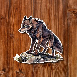 Illustrated dark brown wolf standing alert on a rocky patch with sparse grass, set against a pale blue background; wild, watchful mood.